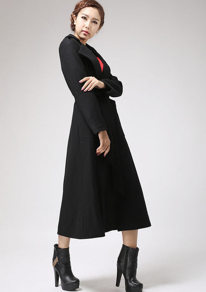 Handmade Black Wool Blend Coat – Elegant Long Winter Overcoat with Unique Collar | Xiaolizi  0704
