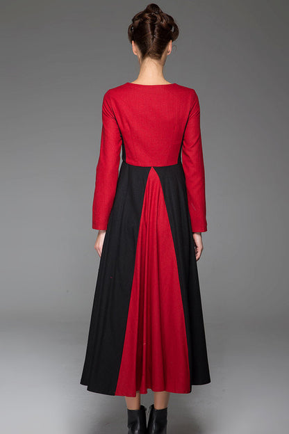 Red and Black Wool Maxi Dress - Elegant Winter Warmth 1445