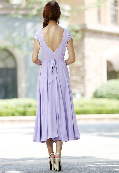 Purple Chiffon Maxi Dress - Gathered Skirt, Tie Waist 1030