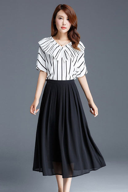 White Chiffon Midi Circle Skirt - Soft Pleated Swing 2901