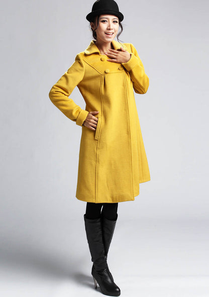 Handmade Wool Winter Coat – Mustard Yellow A-Line Jacket with Buttons | Xiaolizi 399