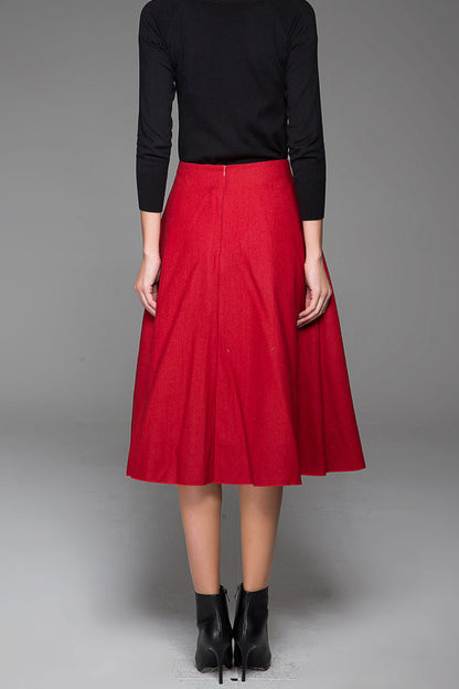 Wine Red Wool Midi Skirt - Floral Lace Detail with Side Pockets 1431