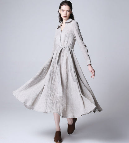 Gray Linen Maxi Dress - Flowy with Front Buttons 1166