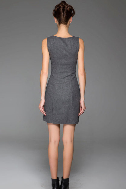 Gray Wool Mini Dress - Black Lace Detail, Slim Fit 1446