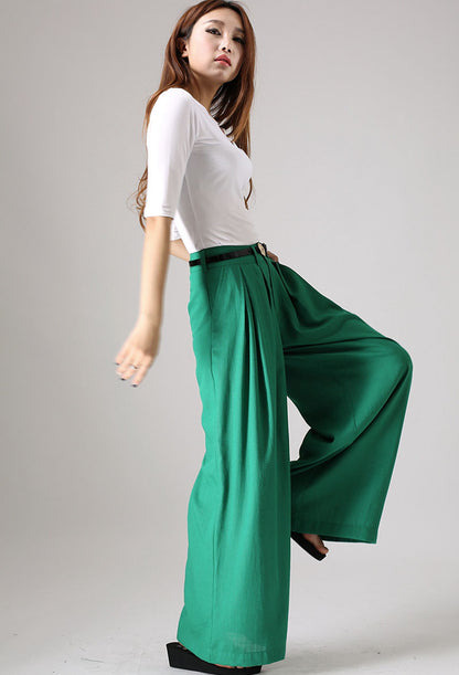 Kelly Green Linen Cotton Wide Leg Pants - Palazzo A-Line | Xiaolizi 840