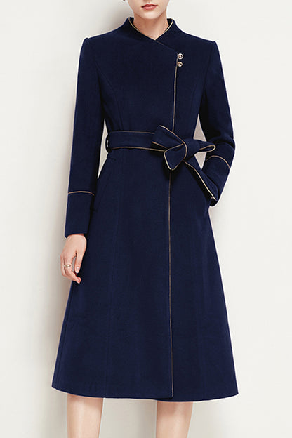 Red Wool Coat – Handmade Asymmetric Button Winter Coat with Feminine Bow Belt 3955