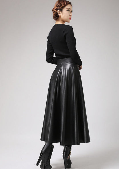 Handmade Black Faux Leather Midi Skirt – Vegan PU A-Line Skirt | Xiaolizi 0719