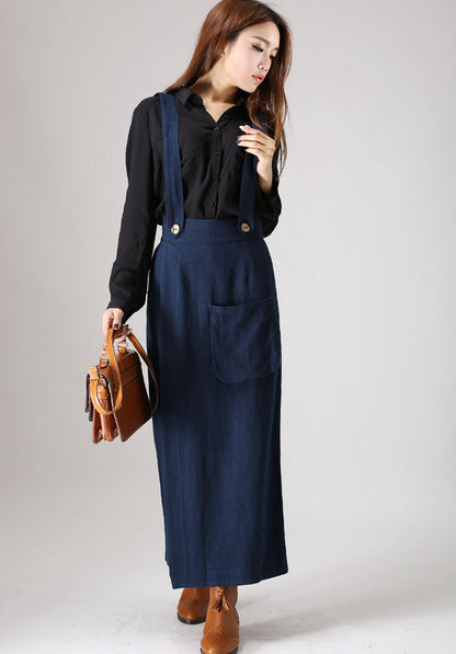 Blue Linen Wide Leg Trousers - Suspender Detail 841