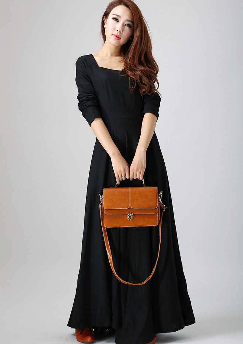 long sleeve Maxi Black Linen Dress -LBD 793# – XiaoLizi