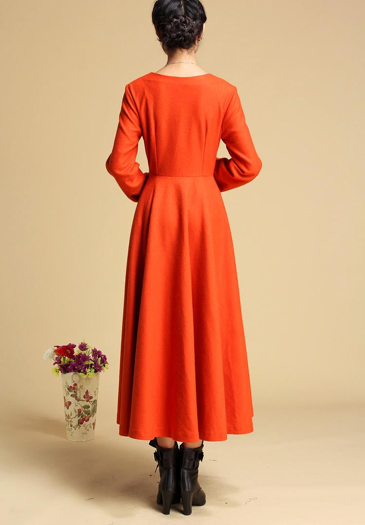 wool Maxi dress orange long dress Long sleeve dress (323)