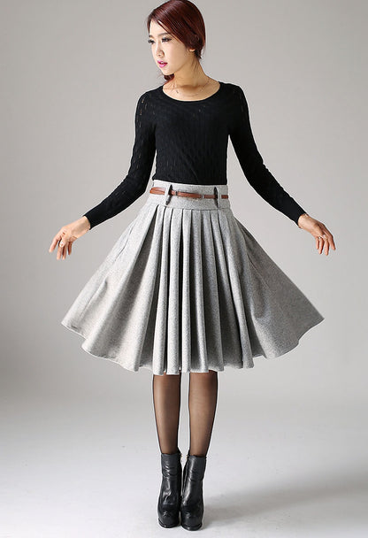 Light Gray Wool Pleated Skirt – Knee Length Work Skirt with Pockets 1097