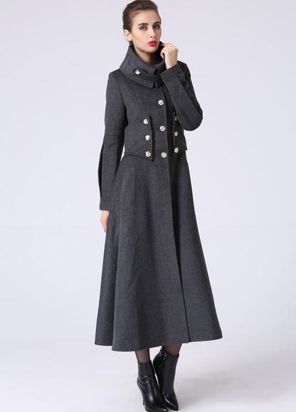 Gray Wool Maxi Coat - Military Inspired, Flared Silhouette 1063
