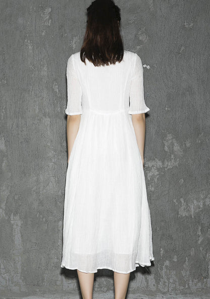 White Linen Maxi Dress - Round Collar Elbow Sleeve 1310