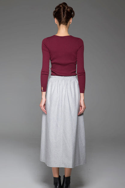 Gray Wool Maxi Skirt - Pleated High Waist with Side Pockets 1441