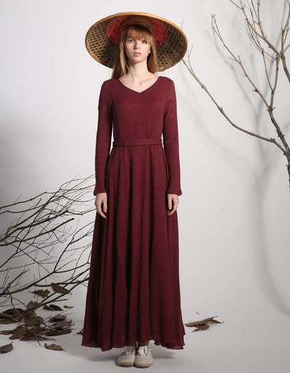 Red Linen Maxi Dress - V-Neck Long Sleeve Loose Fit 1138