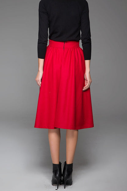Red Wool Midi Skirt - Elastic Waist with Side Pockets 1430