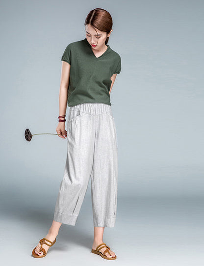 Gray Linen Cotton Casual Pants - Elastic Waist, Above Ankle Fit 2602