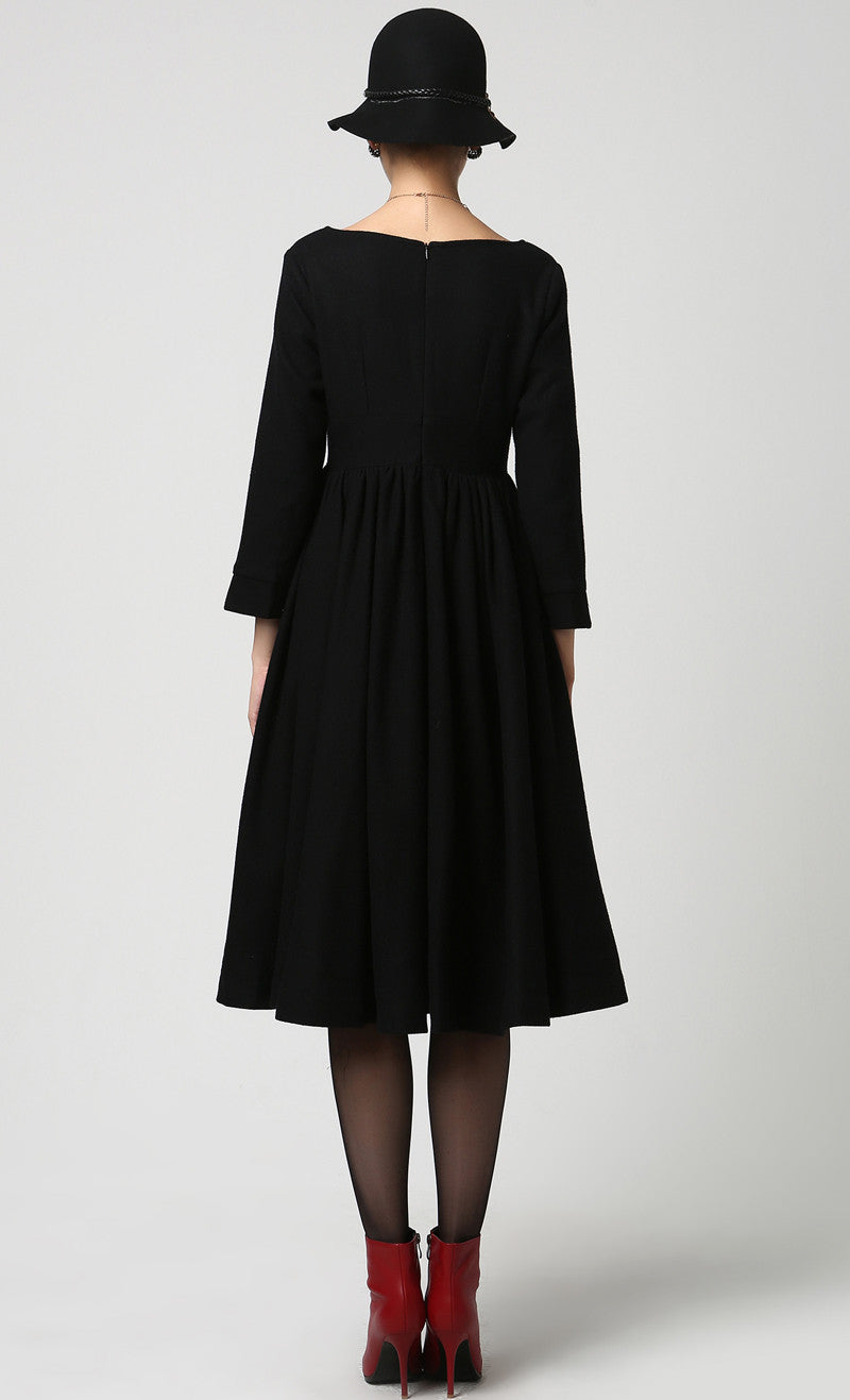 black winter midi dress Black Wool Midi Dress - A-Line Pleated Flowy Winter Dress 1872