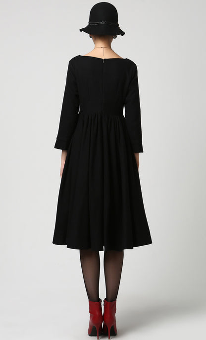 Black Wool Midi Dress – Handmade Vintage Winter Long Sleeve 1126