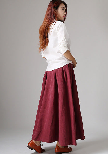 Burgundy Linen Cotton Maxi Skirt - Pleated A-Line with Pockets 1048