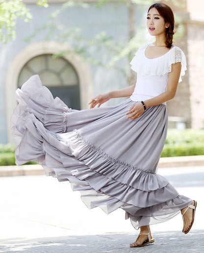 Elegant Gray Chiffon Maxi Skirt – Handmade Wedding & Party Skirt | Xiaolizi 1020