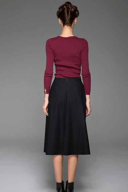 Black Wool Skirt - Over Knee Length with Flower Lace Detail 1438
