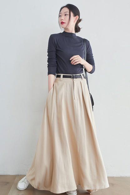 Beige Linen Cotton Maxi Skirt – Handmade A-Line Skirt with Pockets | Xiaolizi 2546