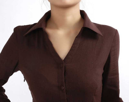 Brown Linen Blend Maxi Dress - Button Front, Tie Waist 304