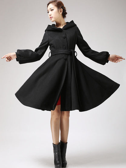 Black Wool Blend Hooded Coat - Lantern Sleeve A-Line | Xiaolizi 711