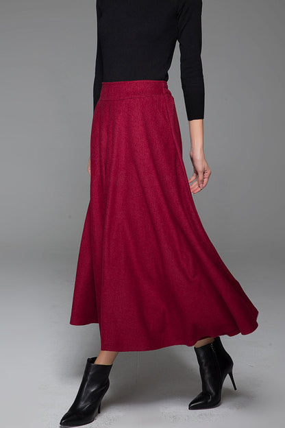 Wine Red Wool Midi Skirt - Flared, Warm Winter Essential 1435