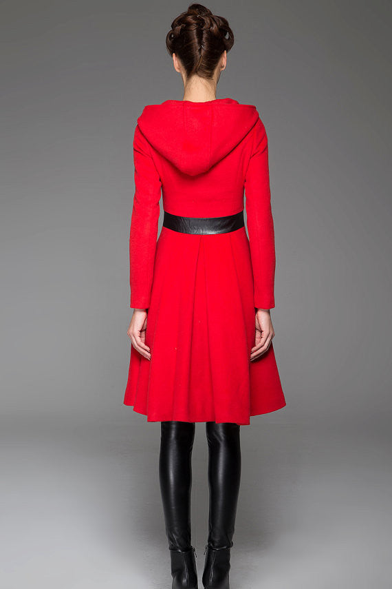 Lovely Princess Style Wool Coat Red Hooded Coat Winter Coat With Leather Stitching (1424)