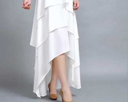 White Chiffon Maxi Dress - Layered, Asymmetrical Hem 261