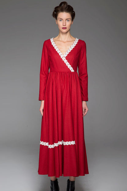 Red Wool Maxi Dress - Deep V Neckline and Fitted Waist 1444