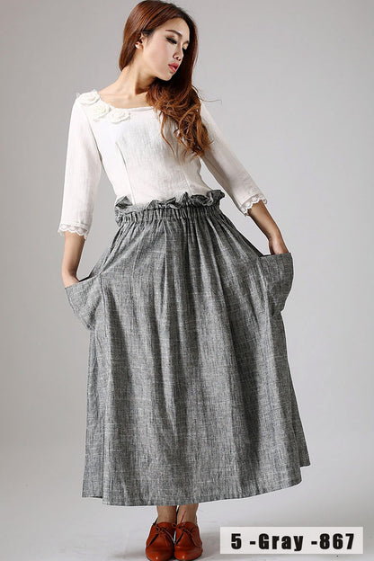 Grey Linen Blend Maxi Skirt - Elastic Waist, Draped Pockets 867