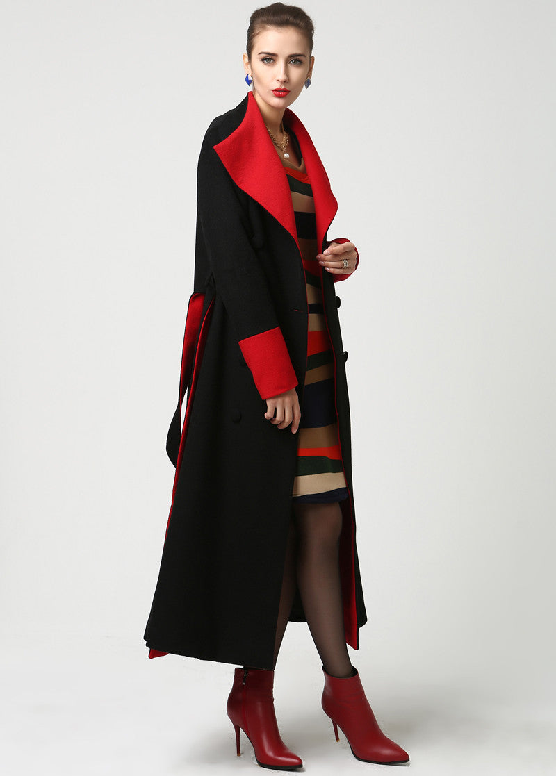 Womens Long Black Wool Coat with Red Detailing and Shawl Collar 1106#
