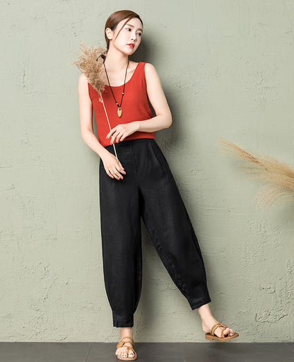Rust Red Linen Cotton Wide Leg Pants - Back Elastic Waist Comfort 2607