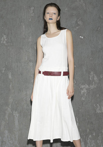 White Linen Maxi Dress - Sleeveless Pleated Silhouette 1308