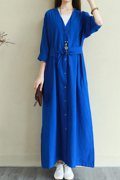 Yellow Linen Maxi Dress - V Neck Long Sleeve Loose Waist CYM341