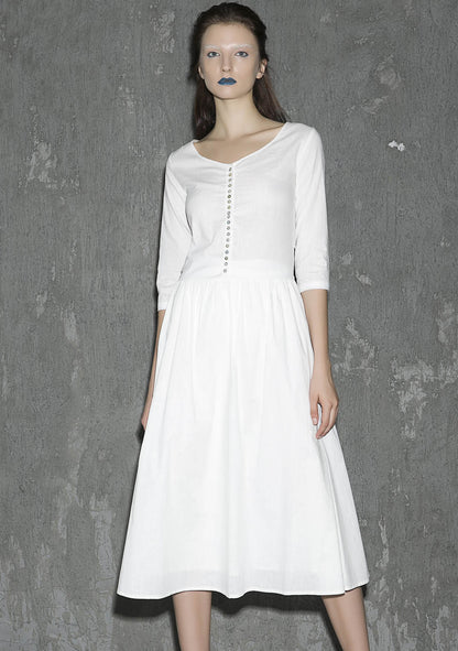 White Linen Maxi Dress - Round Collar with Button Front 1306