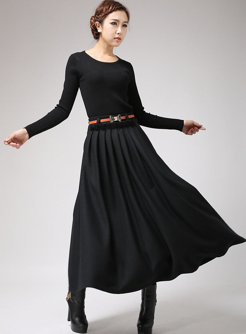 Black Wool Maxi Skirt For winter 0721#
