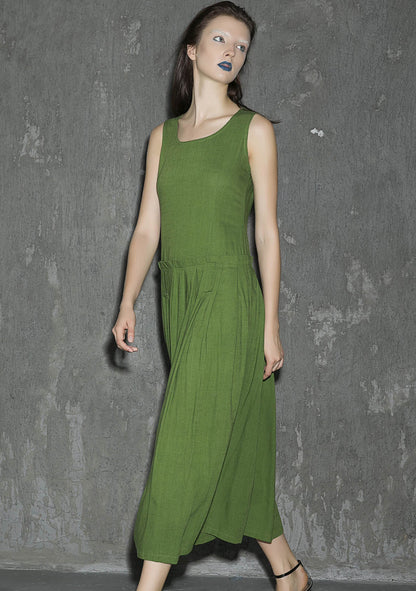 Green Linen Midi Dress - Sleeveless, Pleated Skirt 1317