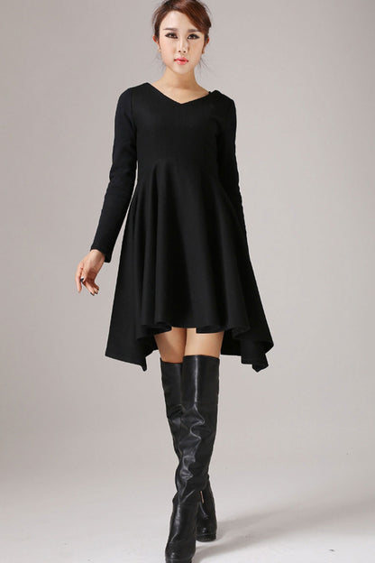 Black Wool Mini Dress - Flared Skirt, V-Neck Long Sleeve 767