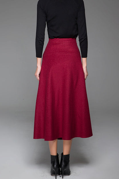 Wine Red Wool Maxi Skirt - Asymmetrical Hem, Side Pockets 1432
