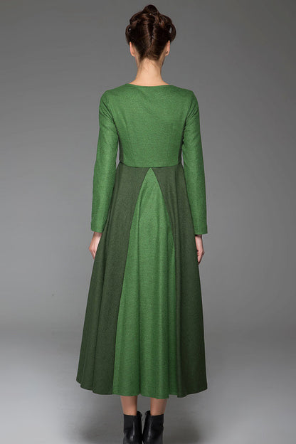 Green Wool Maxi Dress - Dark Green Stitching, Long Sleeves 1443