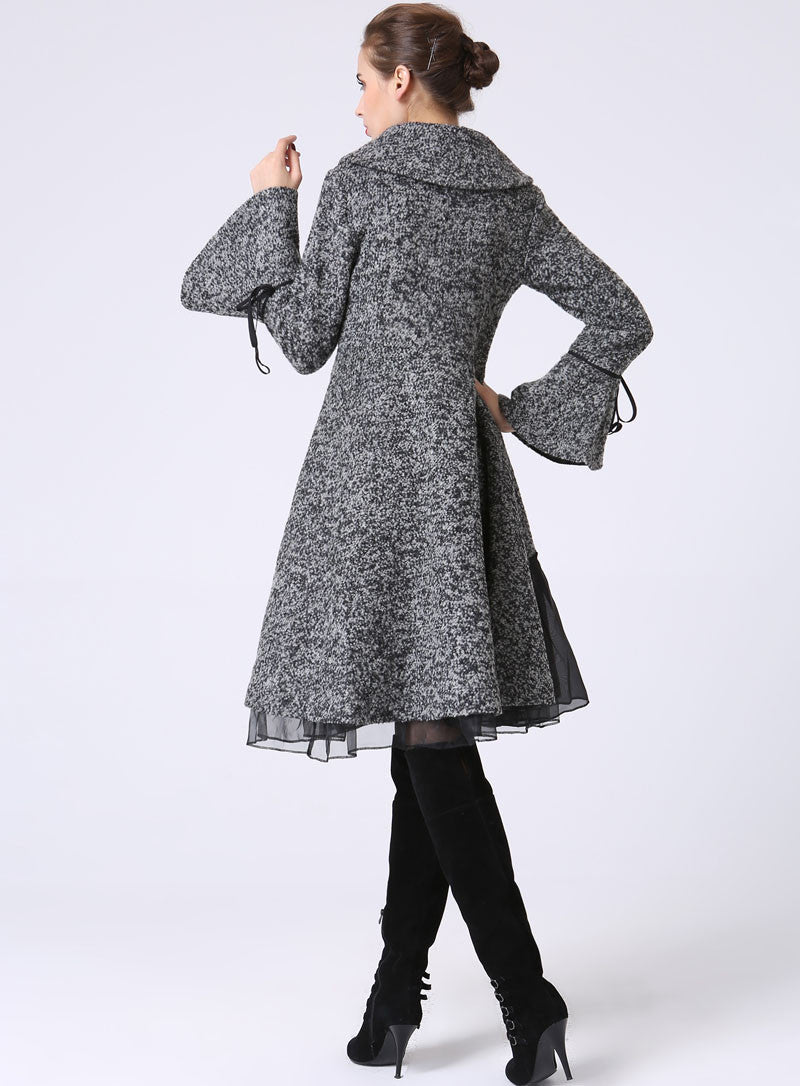 Wool Blend swing Jacket coat with Cowl Neckline, Bell Cuffs and Ruffle Trim  Hem 1052#