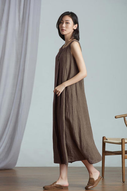 Brown Linen Mid Calf Dress - Loose Fit Sleeveless Commuter Waist CY06