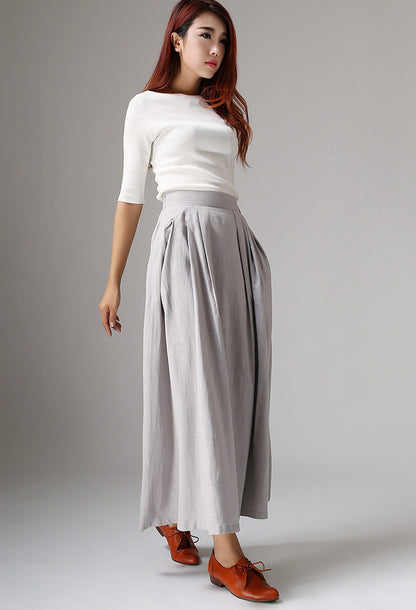 Gray Linen Cotton Maxi Skirt - A-Line Pleated Side Pockets | Xiaolizi 1041
