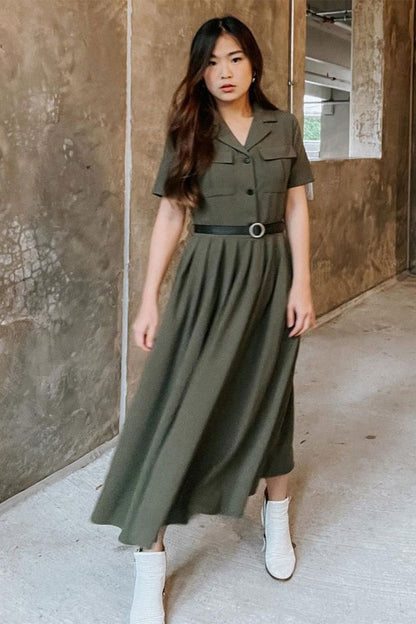 Green Cotton Linen Midi Shirt Dress - Belted Waistband 3726