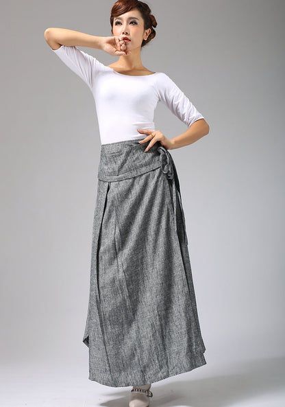 Gray Linen Cotton Maxi Skirt – Handmade Wrap Skirt with Belt  0689#