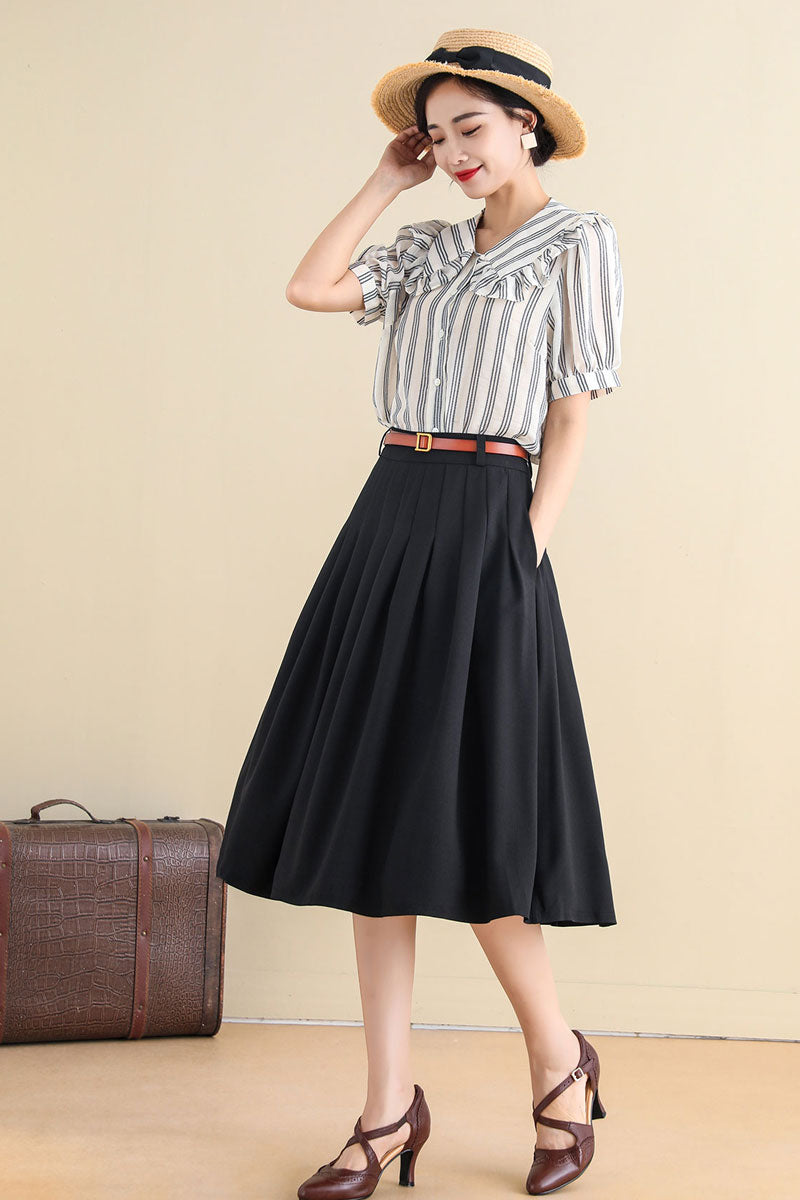 Black A Line pleated Midi Circle Skirt with Pockets 2785